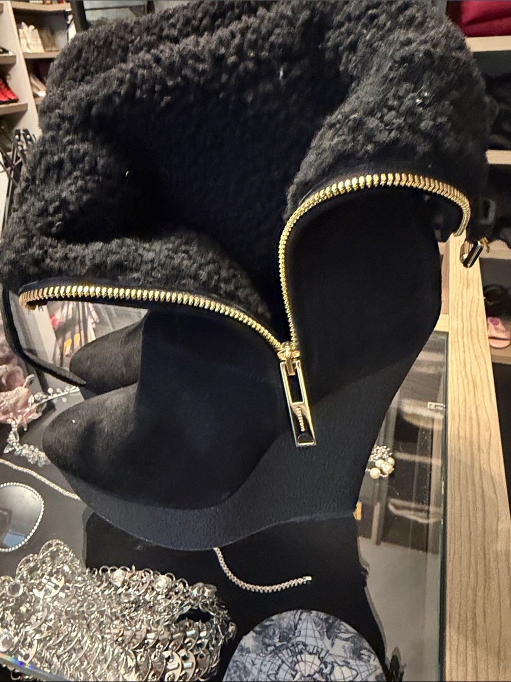 Burberry Black Suede Wedge Booties with Gold Zipper
